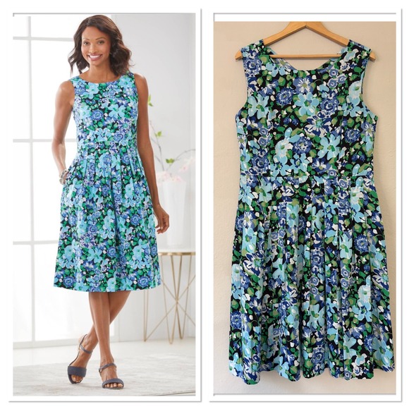 Chadwicks Dresses & Skirts - Chadwicks Womens Floral Pleated Fit & Flare Pocket Dress 16 Blue Green Summer